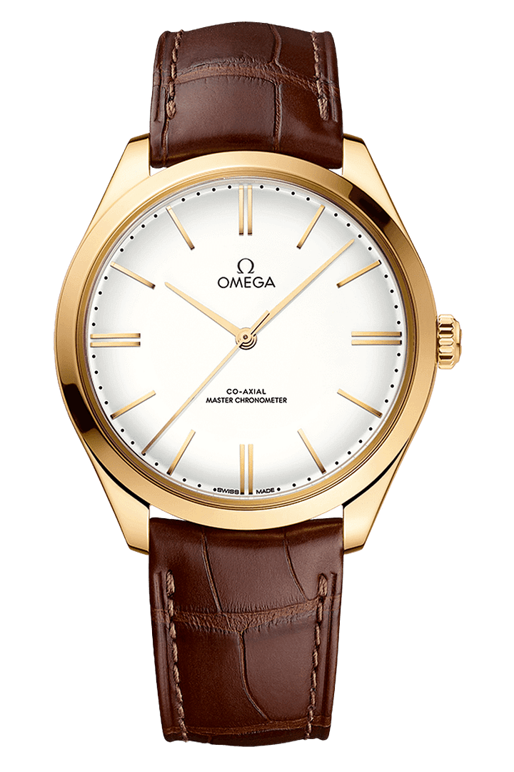 Gold Omega watch with white face and brown leather strap